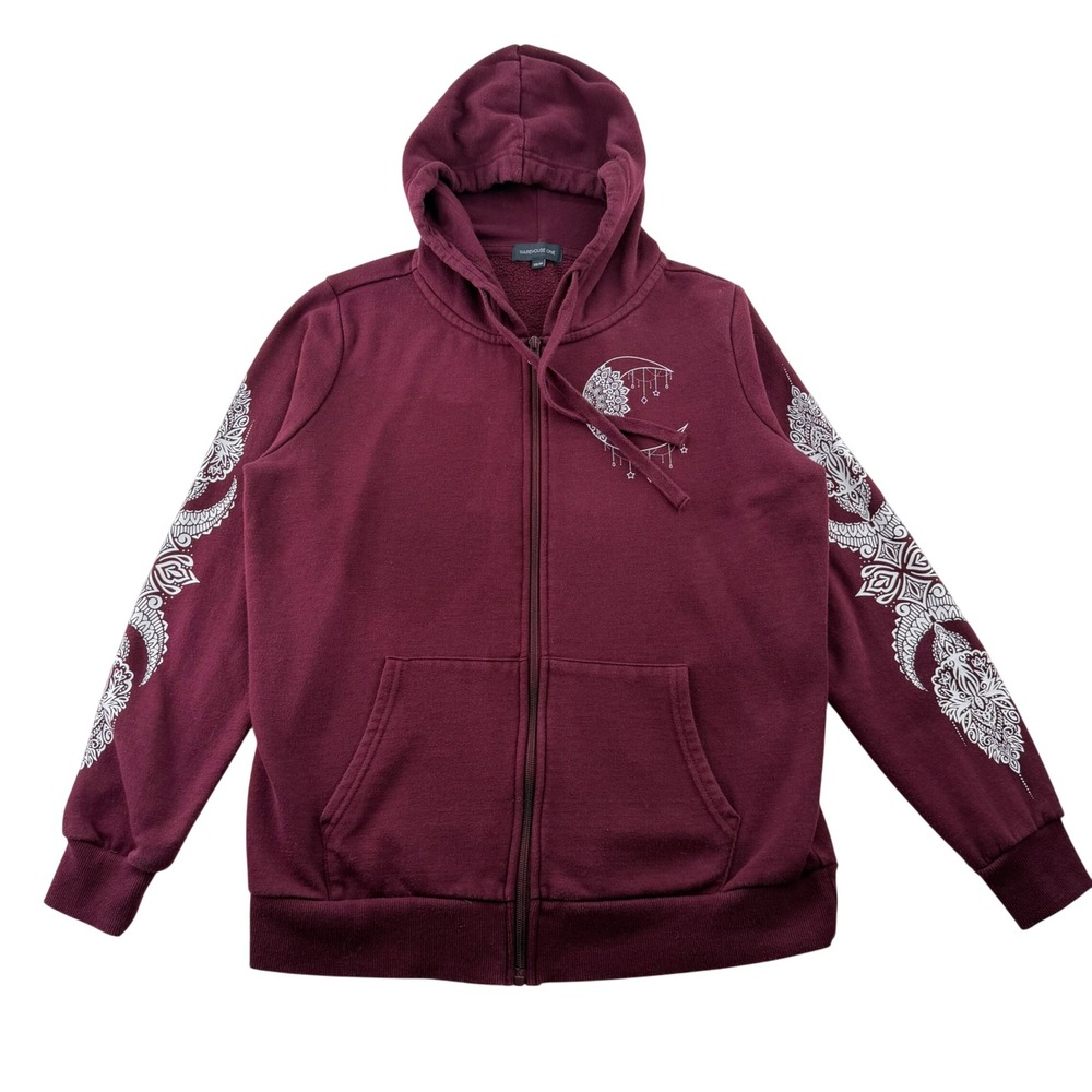 Warehouse One‎ Hoodie Burgundy Womens Size XS whimsigoth Witchy Celestial Moon